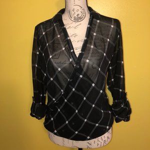 SHEER BLACK W/ WHITE CHECKERED-PATTERN BLOUSE